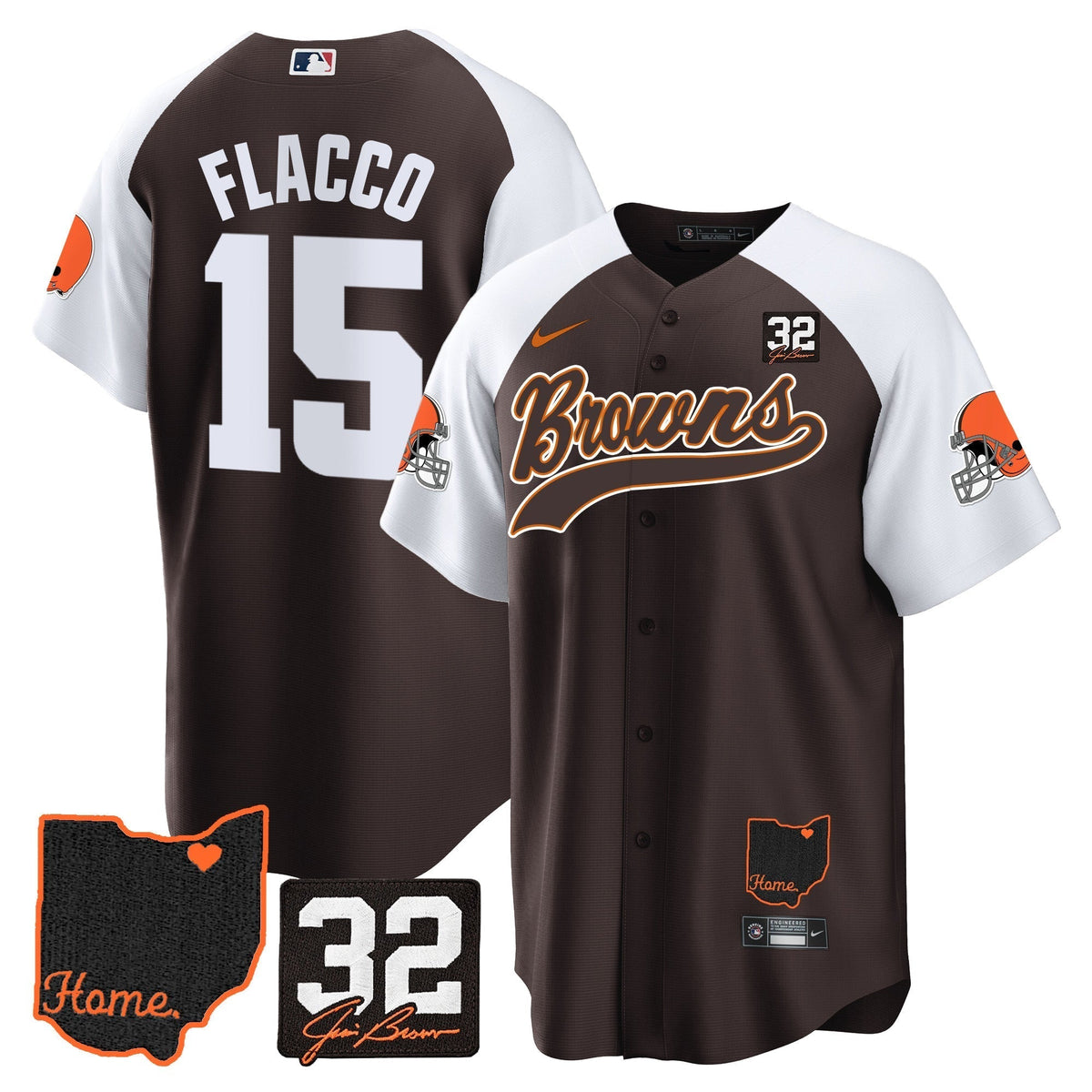 Browns #32 Jim Brown Memorial & Home Patch Baseball Jersey V2 - Stitched