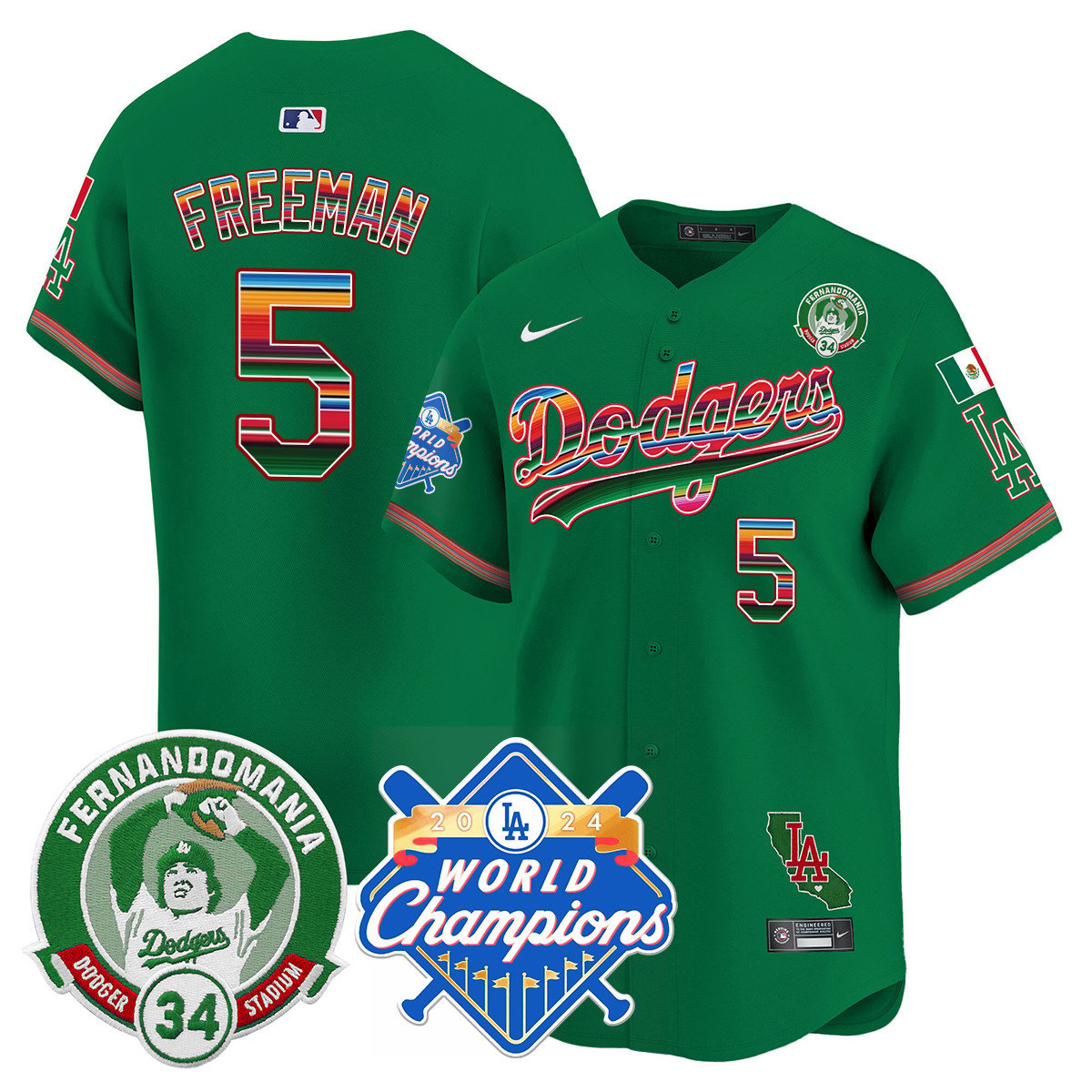 Dodgers Mexico Fernando Memorial & 2024 World Series Champions Patch Jersey - Stitched
