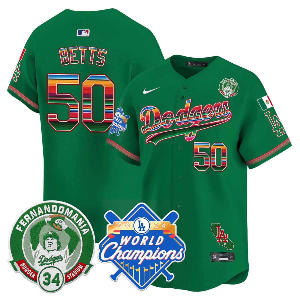 Dodgers Mexico Fernando Memorial & 2024 World Series Champions Patch Jersey - Stitched