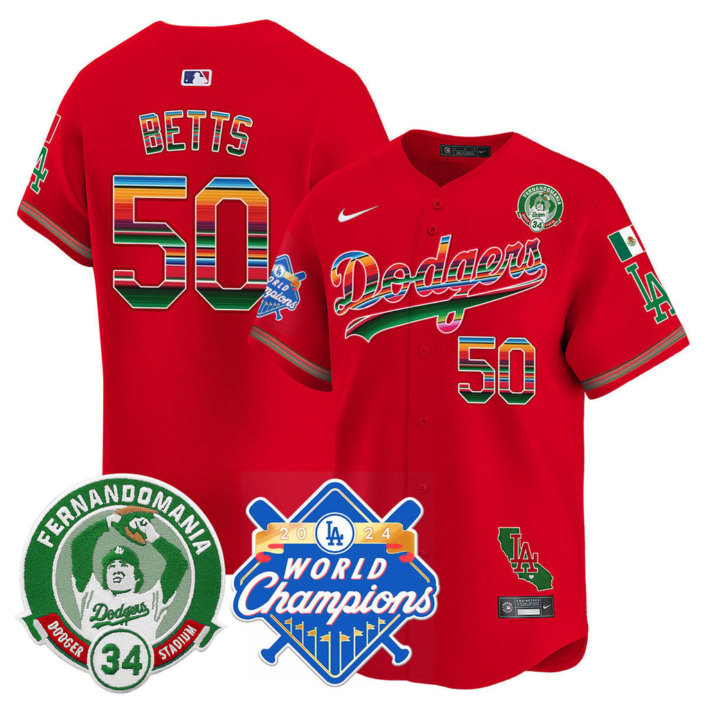 Dodgers Mexico Fernando Memorial & 2024 World Series Champions Patch Jersey - Stitched