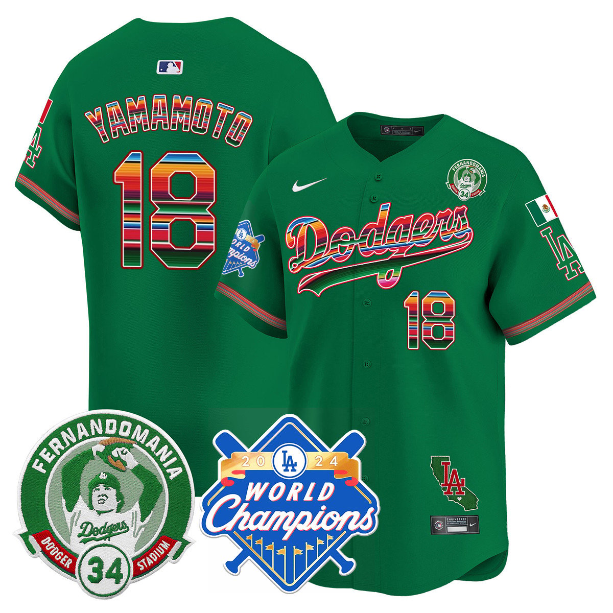 Dodgers Mexico Fernando Memorial & 2024 World Series Champions Patch Jersey - Stitched