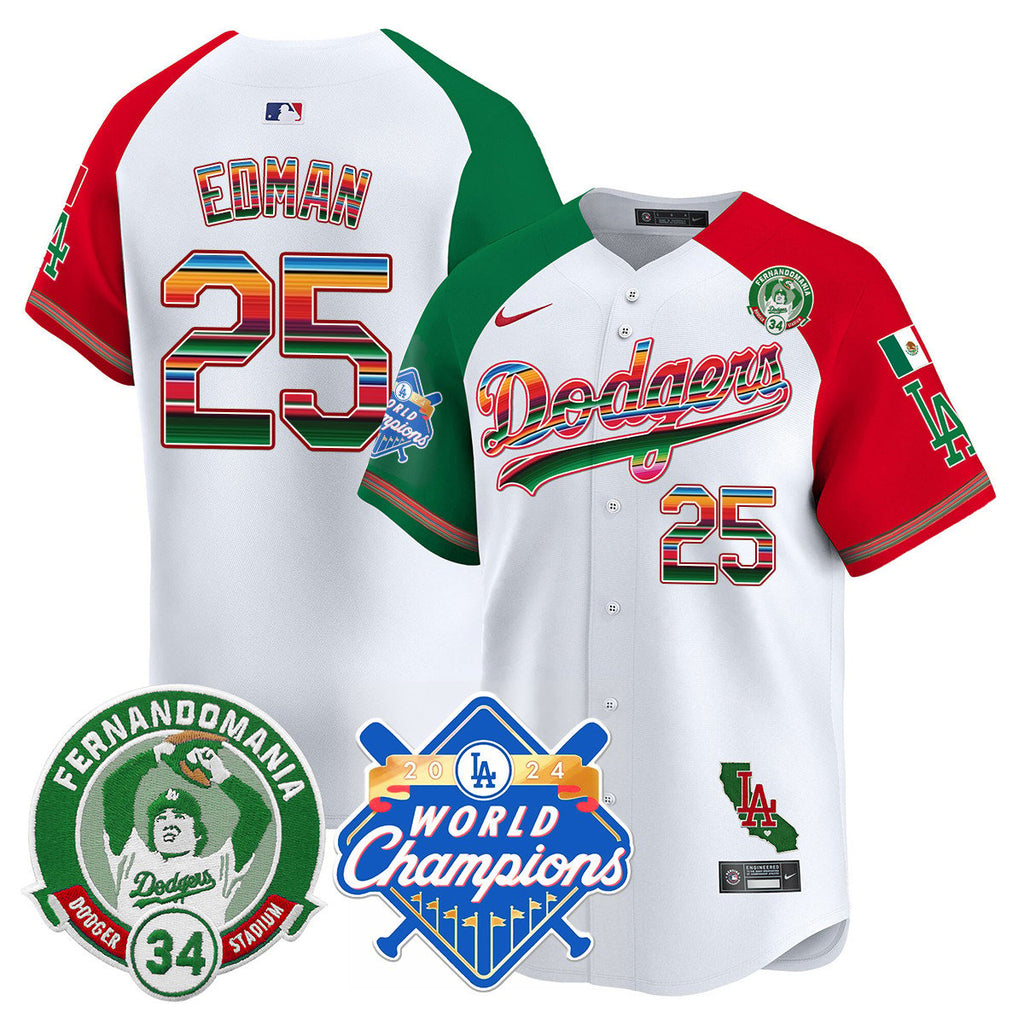 Dodgers Mexico Fernando Memorial & 2024 World Series Champions Patch Jersey - Stitched