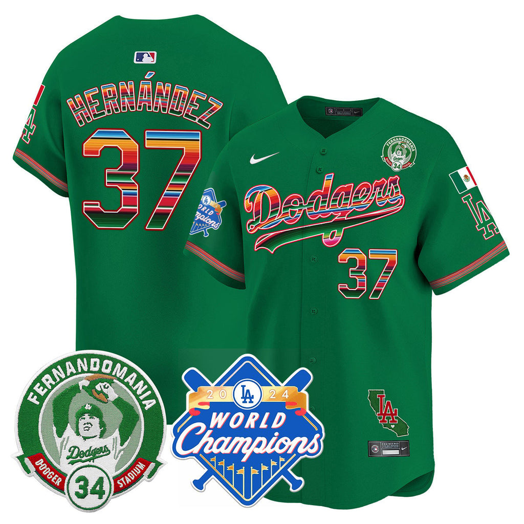 Dodgers Mexico Fernando Memorial & 2024 World Series Champions Patch Jersey - Stitched