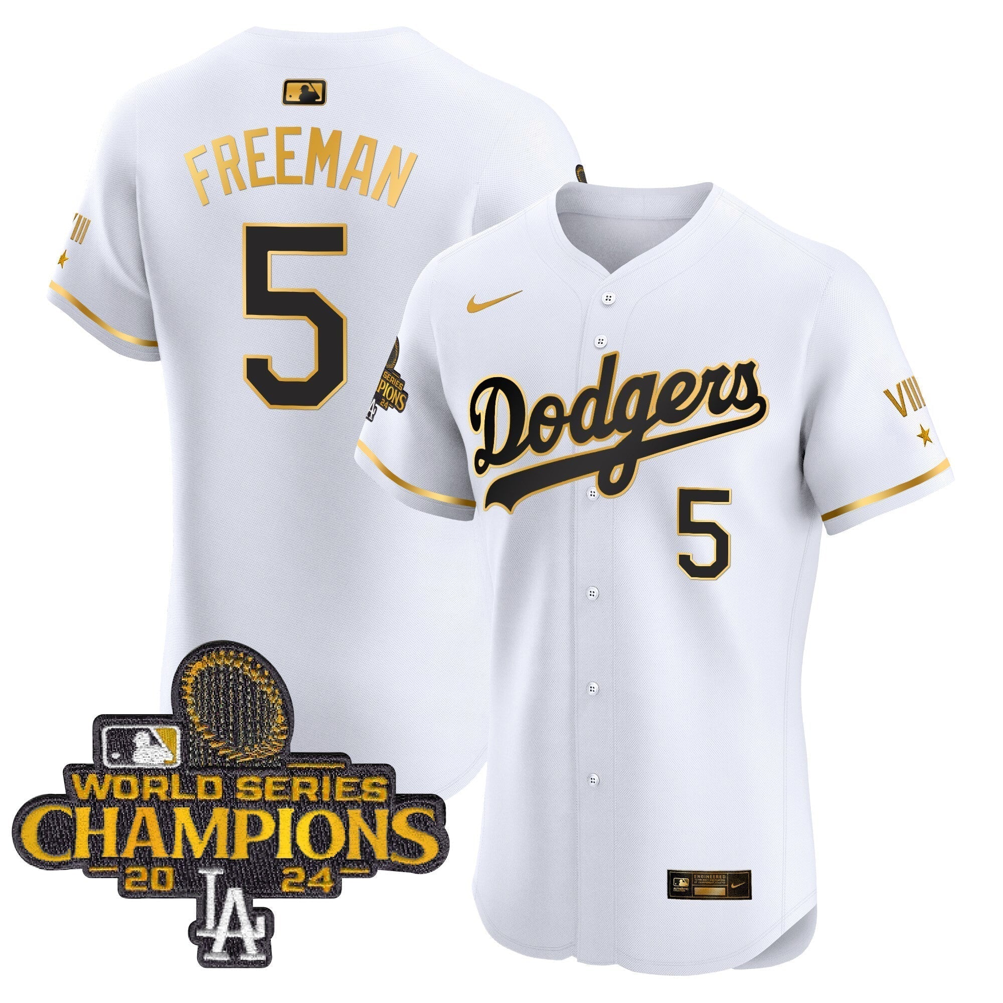 Dodgers 2024 World Series Champions Gold Trim Vapor Premier Elite Jersey V3 - Stitched