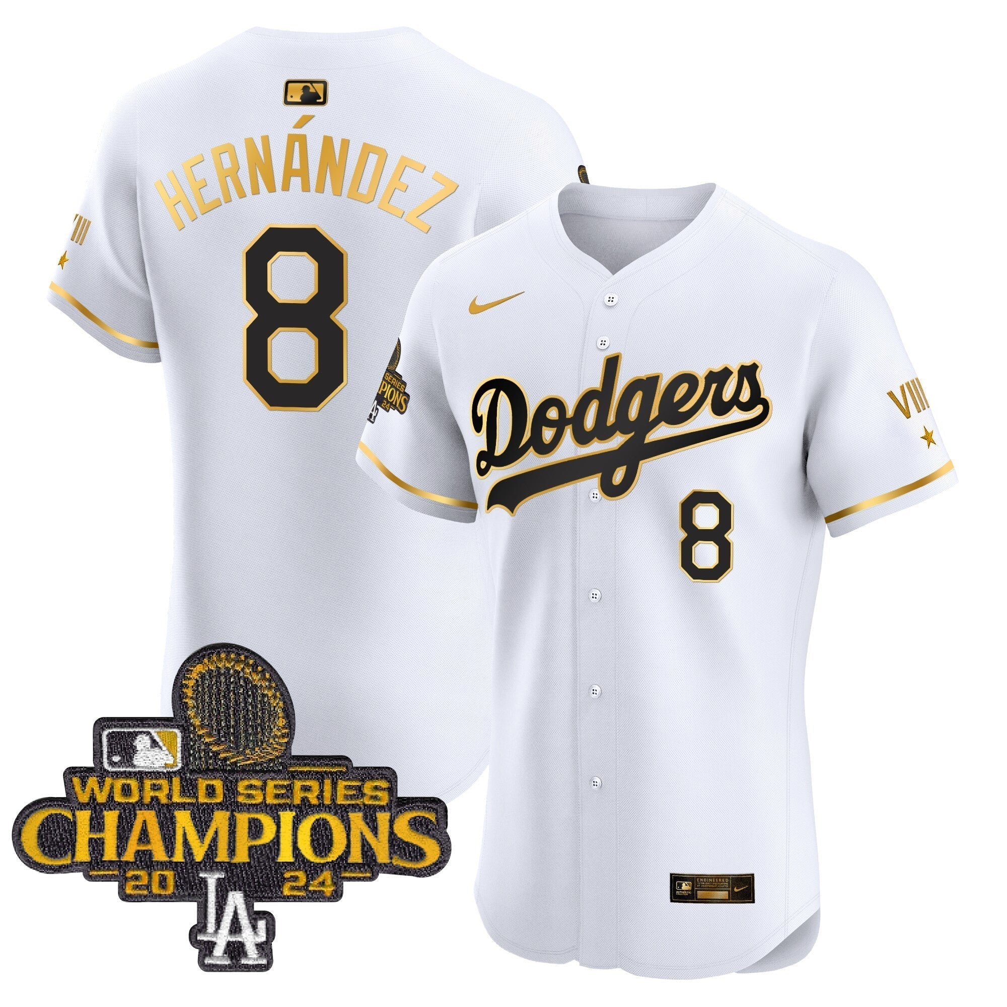Dodgers 2024 World Series Champions Gold Trim Vapor Premier Elite Jersey V3 - Stitched