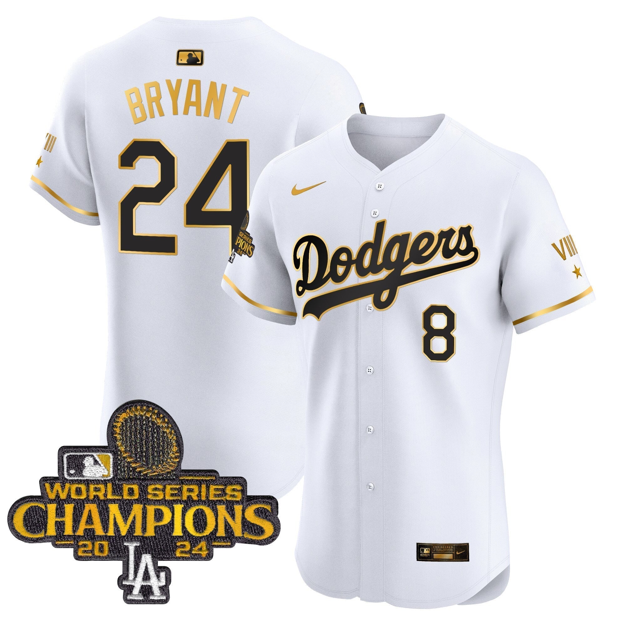 Dodgers 2024 World Series Champions Gold Trim Vapor Premier Elite Jersey V3 - Stitched