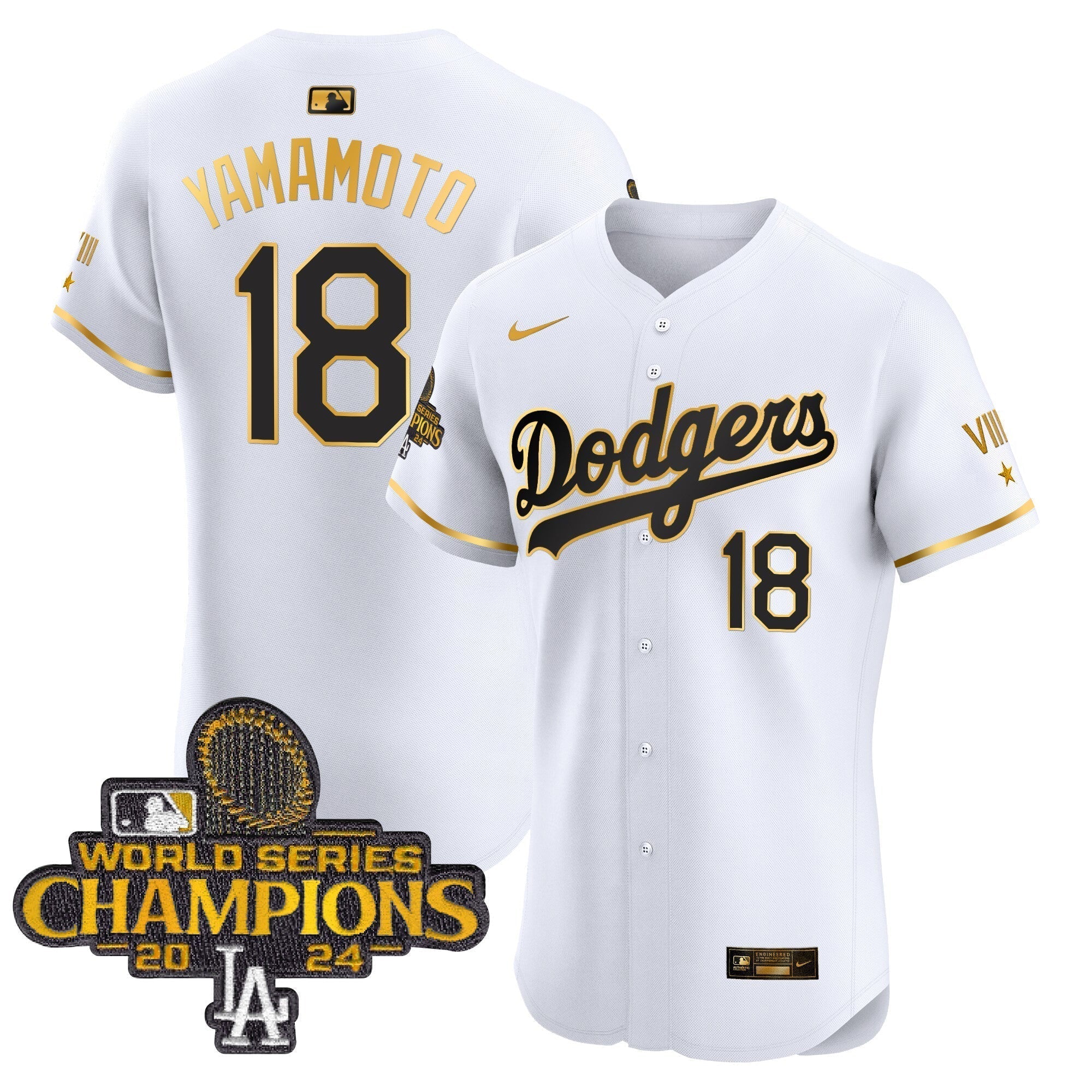 Dodgers 2024 World Series Champions Gold Trim Vapor Premier Elite Jersey V3 - Stitched