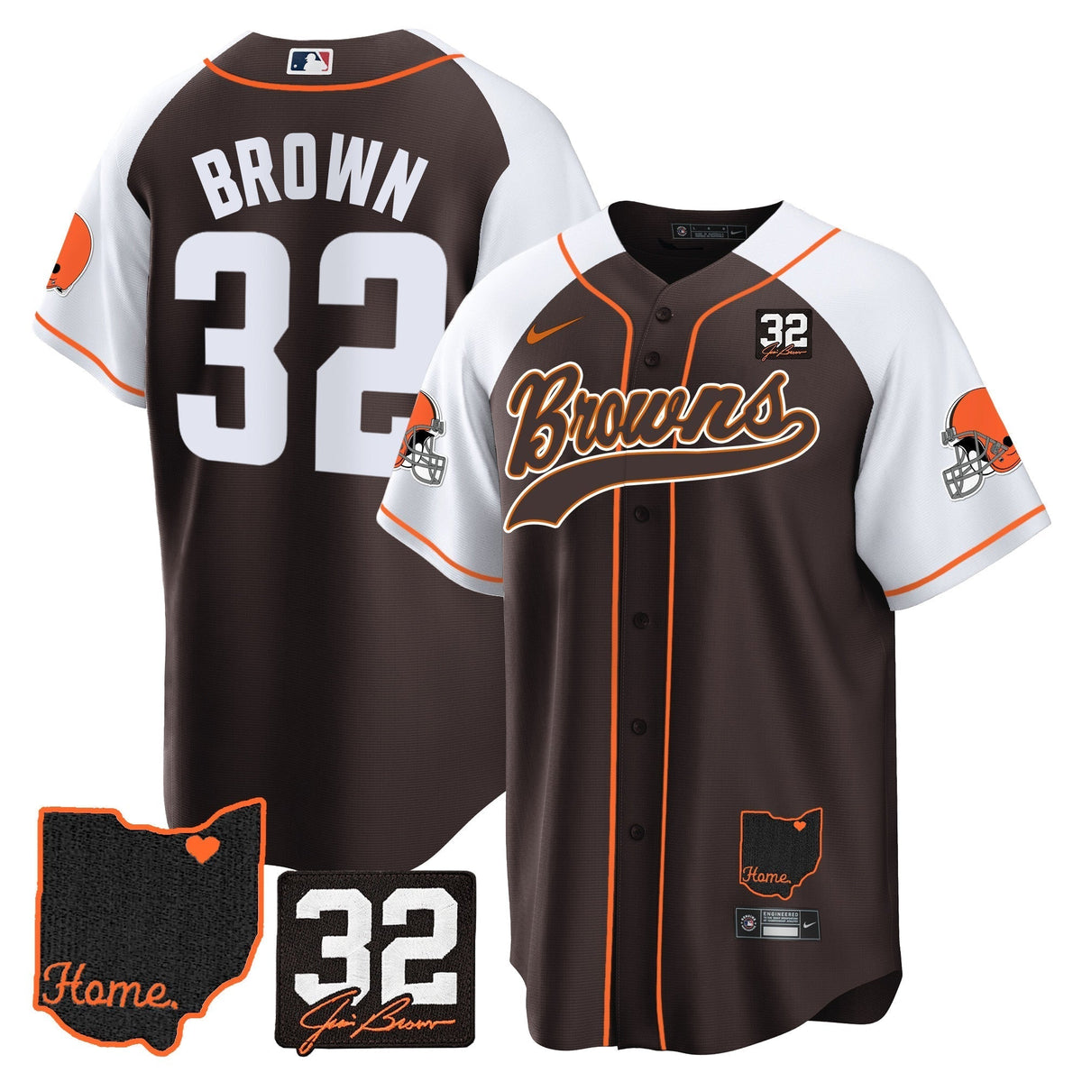 Browns #32 Jim Brown Memorial & Home Patch Baseball Jersey V2 - Stitched