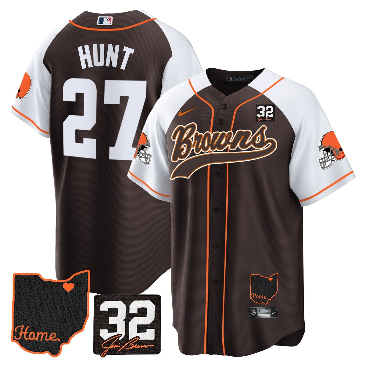 Browns #32 Jim Brown Memorial & Home Patch Baseball Jersey V2 - Stitched