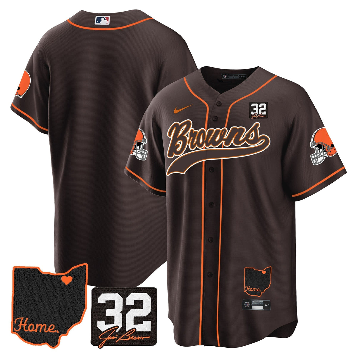 Browns #32 Jim Brown Memorial & Home Patch Baseball Jersey V2 - Stitched
