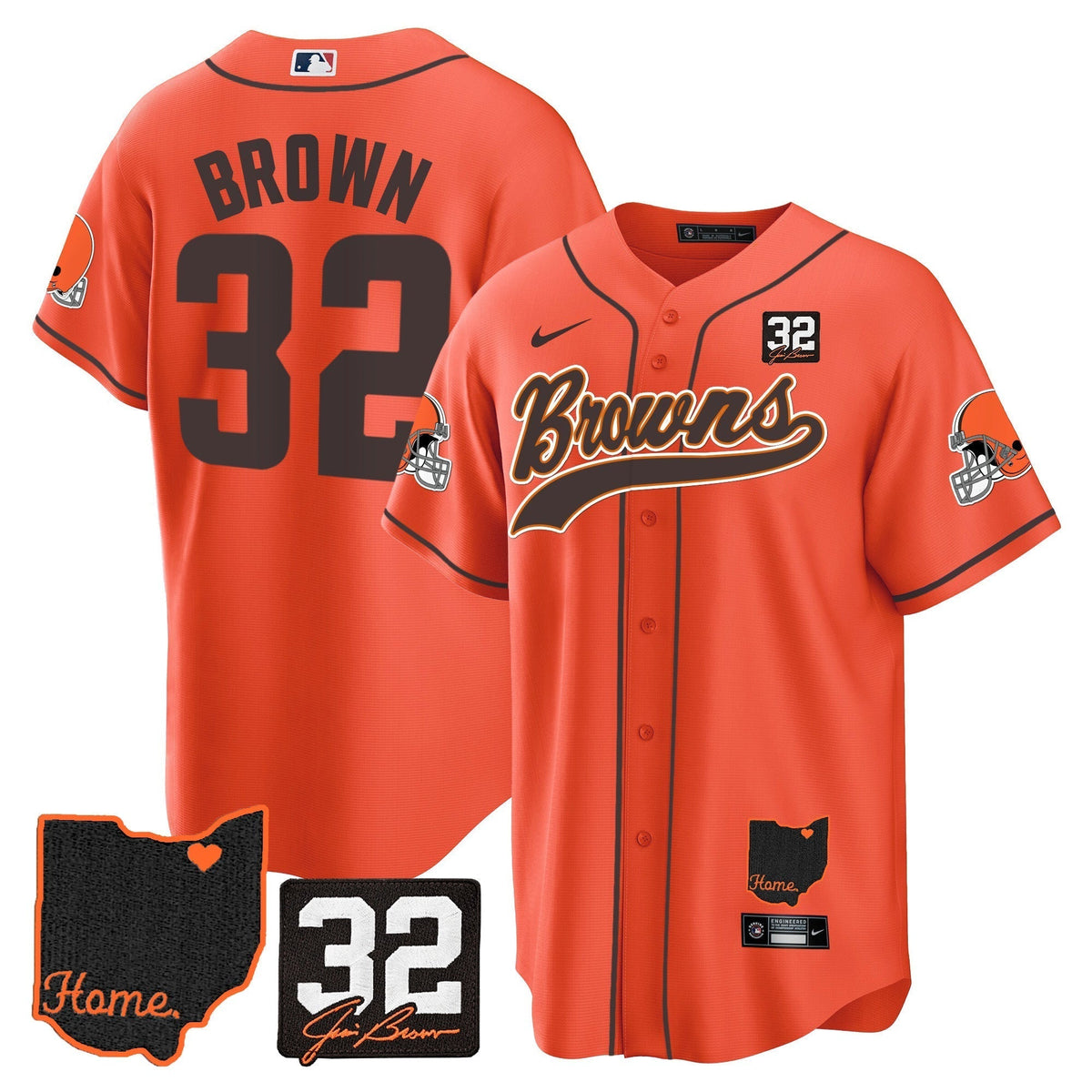 Browns #32 Jim Brown Memorial & Home Patch Baseball Jersey V2 - Stitched