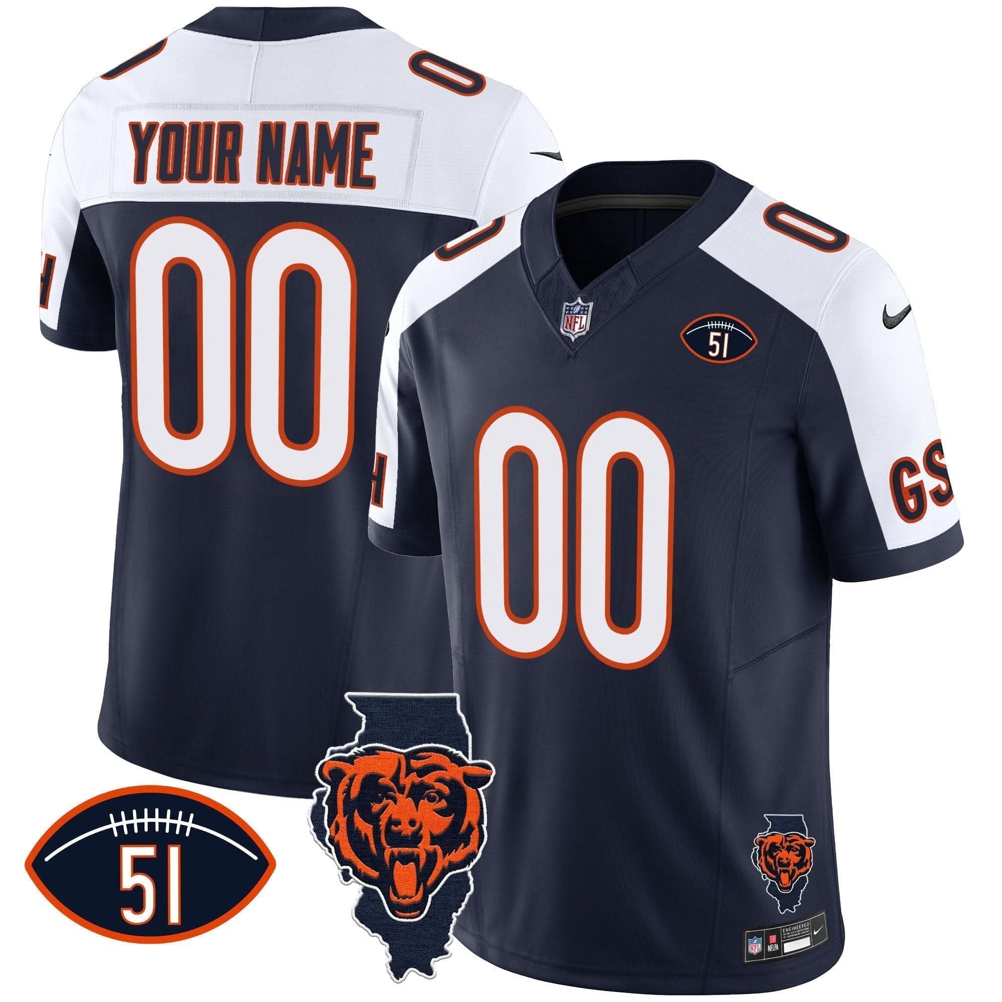 Bears Illinois Patch Vapor Custom Jersey - All Stitched